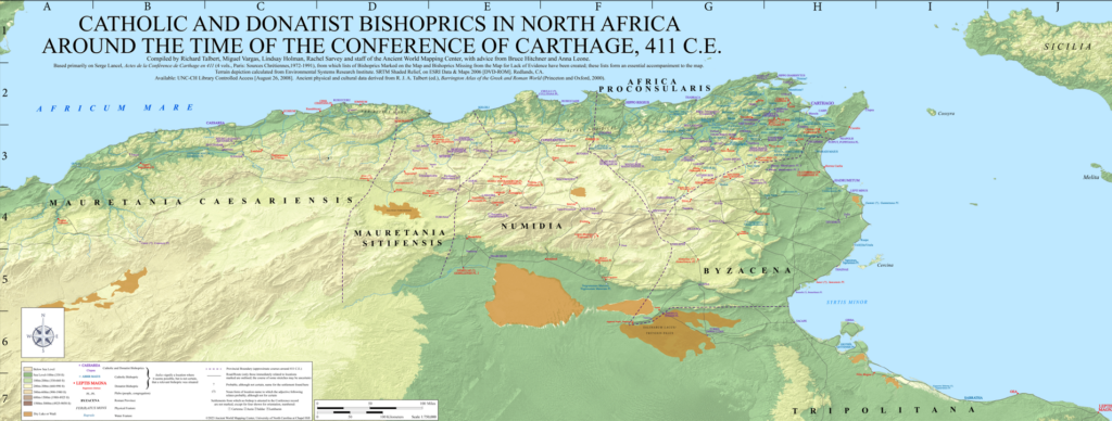 A map of North Africa showing the location of 5th century bishoprics.