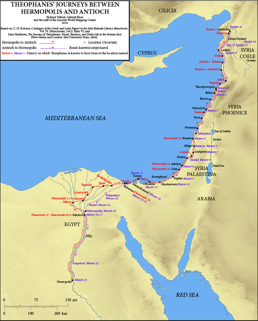 Map illustrating Theophanes' journeys between Hermopolis in Egypt and Antioch in Syria.
