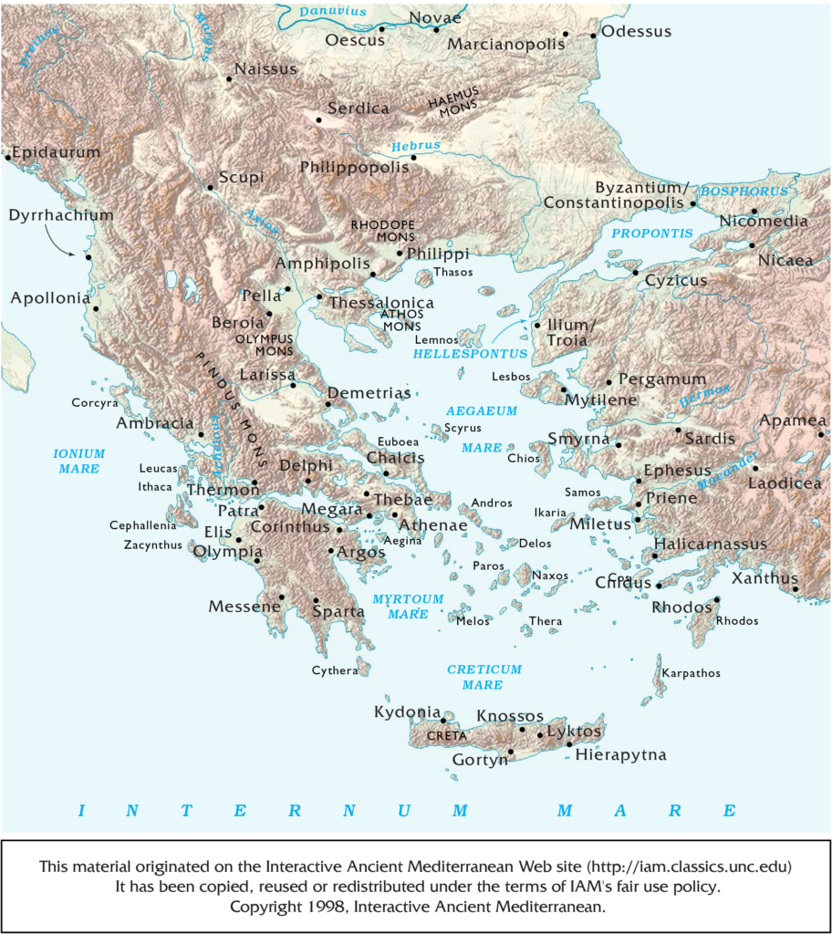 A map showing the Aegean Sea, Greece, Macedon, and western Asia Minor.