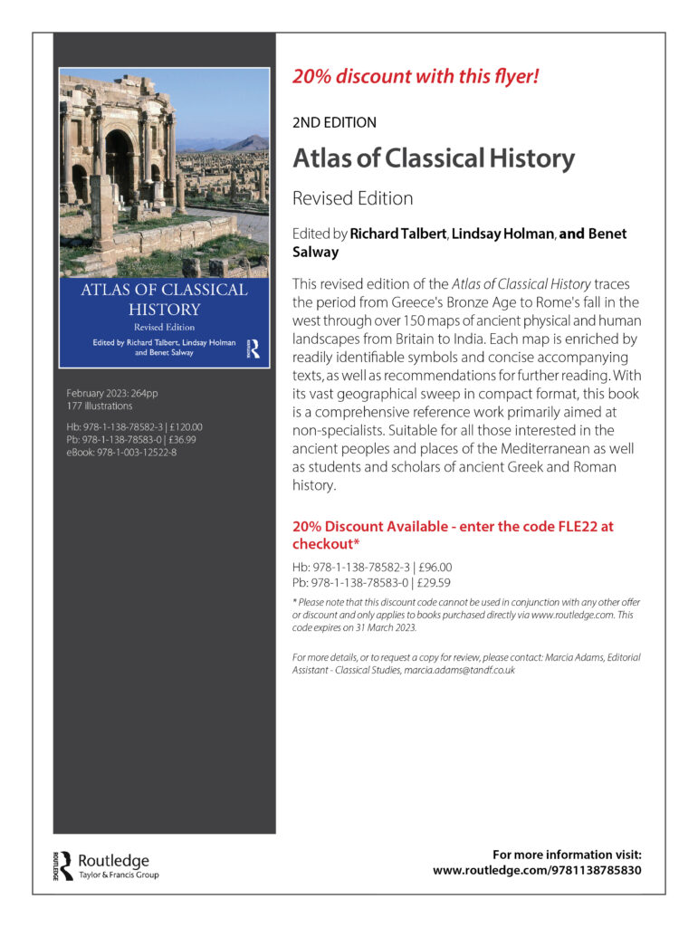 Flyer advertising the 2nd edition of the Atlas of Classical History by Richard Talbert, Lindsay Holman, and Benet Salway.