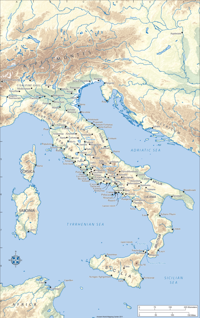 A map showing the Italian Peninsula at the height of the Roman Empire.